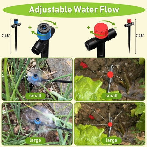Easy DIY 118 Foot Drip Irrigation Kit With Quick Connects showing adjustable water flow for precise plant hydration