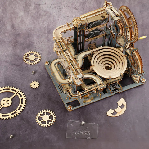 3D Wooden Marble Run Puzzle Kit For Adults With 294 Pieces And 10 Marbles Mechanical Crank With Large Gears, parts displayed