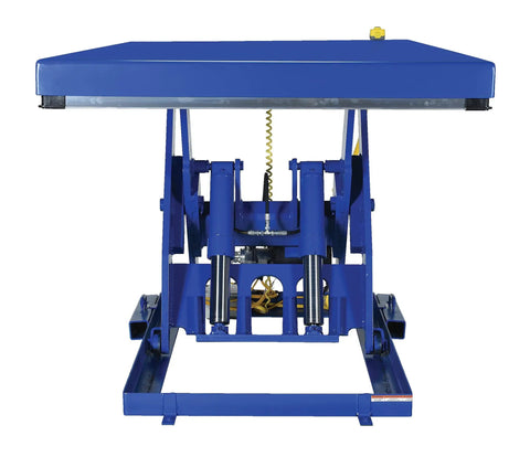 Heavy Duty Welded Steel Electric Hydraulic Lift Table With 48 By 72 Platform And 6000 Lbs Capacity built for lifting in industrial settings.