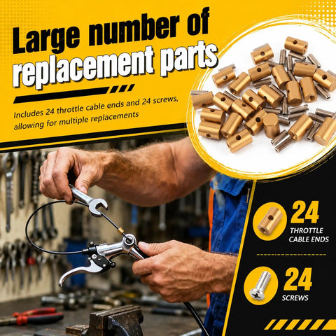 24Pcs Solderless 6mm Throttle Cable Ends With Nipple Screws Heavy Duty Throttle Cable Repair Kit displayed with tools in use