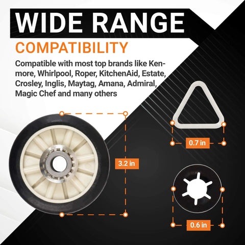 Dryer Rear Drum Support Roller Kit With 2 Drum Rollers 4 Tri Rings And 2 Retaining Washers For Kenmore Whirlpool Estate Roper Dryers Easy To Install Replaces PS347627 AP3098345 337089 3389901 3397588 WED4815EW1 NED4655EW1 WED4800XQ1