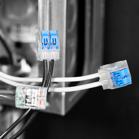 Lever Wire Connector 2 Port 12 AWG reusable for solid and stranded wires in use with black and white wires