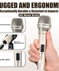 Rugged Dynamic Vocal Microphone For Singing And Live Performance Cardioid Studio Mic with steel mesh, XLR connector, and switch.
