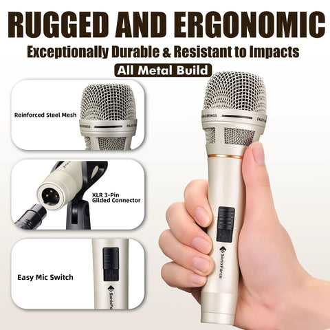 Rugged Dynamic Vocal Microphone For Singing And Live Performance Cardioid Studio Mic with steel mesh, XLR connector, and switch.