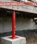 Real Deal Heavy Duty Adjustable House Floor Jacks Rated At 17500 Lbs, red powder-coated jack under wooden structure.