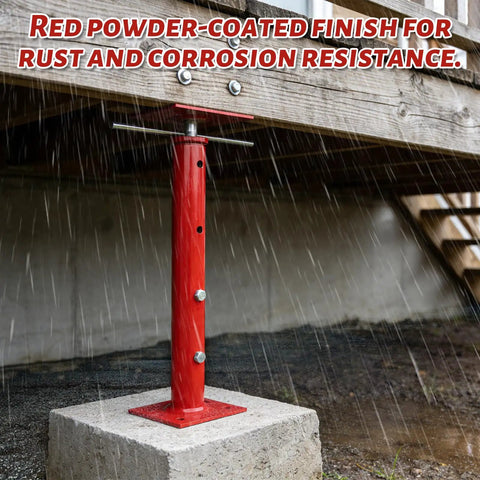 Real Deal Heavy Duty Adjustable House Floor Jacks Rated At 17500 Lbs, red powder-coated jack under wooden structure.