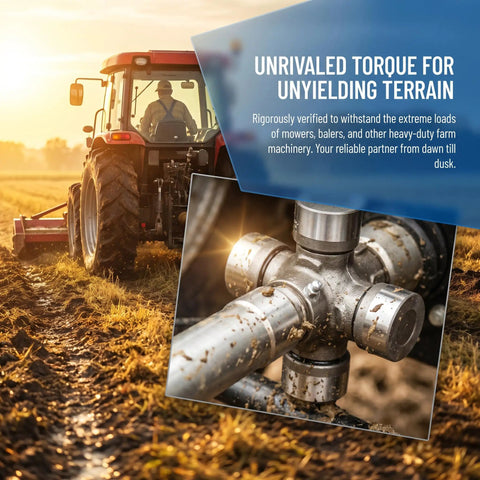 Beefy Universal Joint Kit For Tractor Driveshaft With Needle Bearing 441M in muddy field, showcasing torque transfer efficiency.