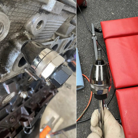 Damaged Bolt And Stud Extractor Tool grips and removes one quarter to one half inch studs with three eighth inch drive in use on machinery