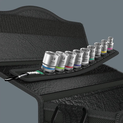 Zyklop 9-Piece Socket Set On Belt, Three Eighths Inch Drive, Belt B Kit With Color Coding displayed in open case
