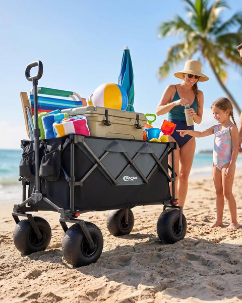 All-Terrain Beach Wagon with 9-Inch Inflatable Balloon Wheels on sand, loaded with beach gear, family nearby