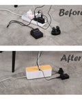 Before and after using Small White Cable Management Box for Desk and Home Office, Cord Organizer for Power Strips and Surge Protectors.