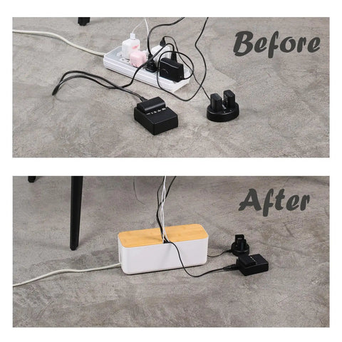 Before and after: Dual Cable Management Box Set with Small and Large White Cord Hiders concealing cords on the floor.