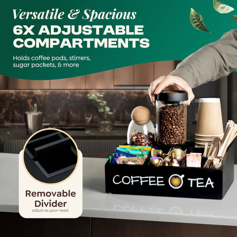 All In One Coffee Station Organizer For Your Coffee Bar Setup And Tea Storage, Adjustable Compartments, Solid Pine Wood Construction in kitchen