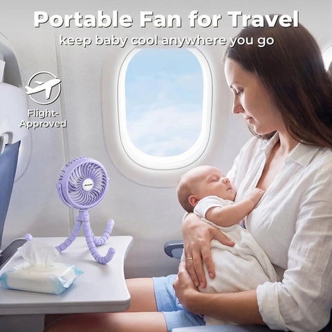 Rechargeable Battery Operated Stroller Fan Clip On For Car Seat Crib Treadmill Wagon And More Portable Baby Travel Essential on airplane tray