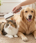 Check Out This Awesome Pet Grooming Kit With A Smooth Self Cleaning Deshedding Brush Rotating Knob And Multi Metal Comb For Fast Fur Removal On Long Or Short Haired Pups Without Any Mess. Self-cleaning metal pet comb on dog and cat fur indoors