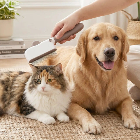Check Out This Awesome Pet Grooming Kit With A Smooth Self Cleaning Deshedding Brush Rotating Knob And Multi Metal Comb For Fast Fur Removal On Long Or Short Haired Pups Without Any Mess. Self-cleaning metal pet comb on dog and cat fur indoors