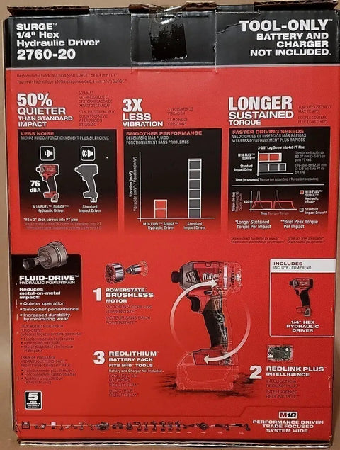 Back of M18 FUEL Surge 18-Volt Brushless Cordless Impact Driver box showing specifications and diagrams.