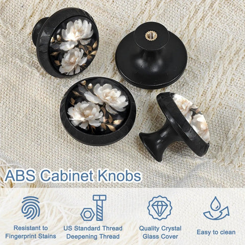 4 Pack White Peony Flower Cabinet Knobs Glass Drawer Knobs Set Black Dresser Pull Handles For Kitchen Cupboards Sleek Modern Cabinet Hardware For Drawers And Doors With Easy Install, featuring glass design on a knitted surface.