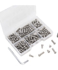Heavy Duty 140 Piece M4 Machine Screw Assortment Kit Featuring Pan Head Phillips Drive Bolts In Top Notch 304 Stainless Steel in clear storage case.