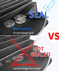 Comparison of RFID Blocking Card Holder With Zipper Genuine Leather Small Wallet showing sealed vs not sealed pocket design.