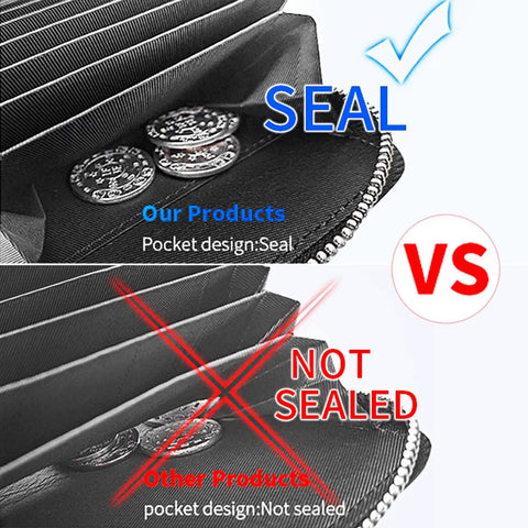 Comparison of RFID Blocking Card Holder With Zipper Genuine Leather Small Wallet showing sealed vs not sealed pocket design.