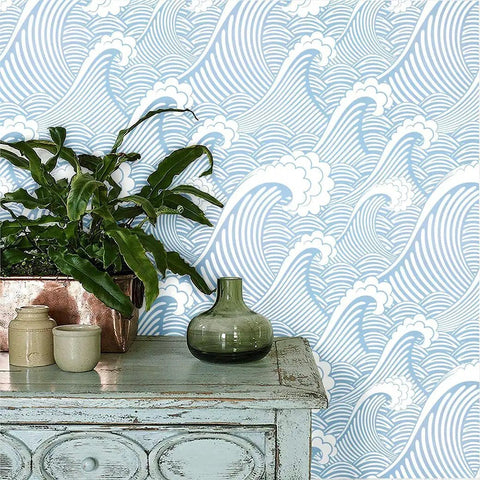 Peel And Stick Ocean Wave Wall Mural Hand Painted Blue And White Seamless Design Self Adhesive Wallpaper in coastal room