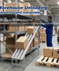 Heavy Duty Flexible Roller Conveyor System With 78 Inch Length And 15.75 In Width Features Industrial Grade Galvanized Steel Build used for transporting boxes in a warehouse.