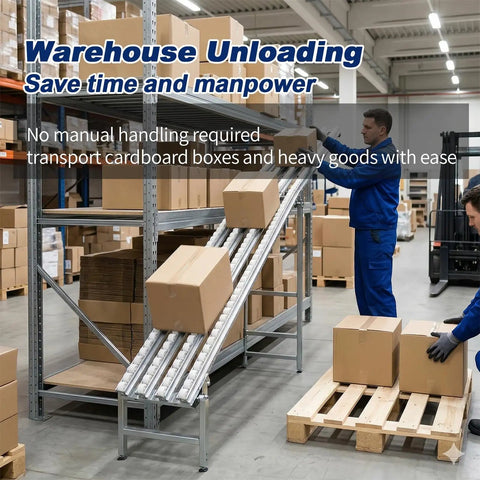 Heavy Duty Flexible Roller Conveyor System With 78 Inch Length And 15.75 In Width Features Industrial Grade Galvanized Steel Build used for transporting boxes in a warehouse.