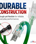 Close-up of 100Ft Heavy Duty Extension Cord 10/3 Gauge 3 Prong SJTW Waterproof Indoor Outdoor, durable construction.