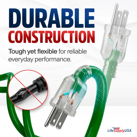 Fifty Foot Tough As Nails Heavy Duty Indoor Outdoor Extension Cord 10 3 Gauge SJTW Waterproof 3 Prong Power Cable with text.