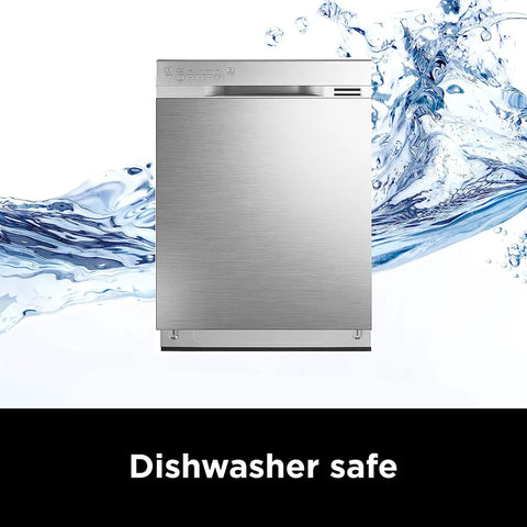 Stainless steel dishwasher with water splashes, front view, labeled 'Dishwasher safe'