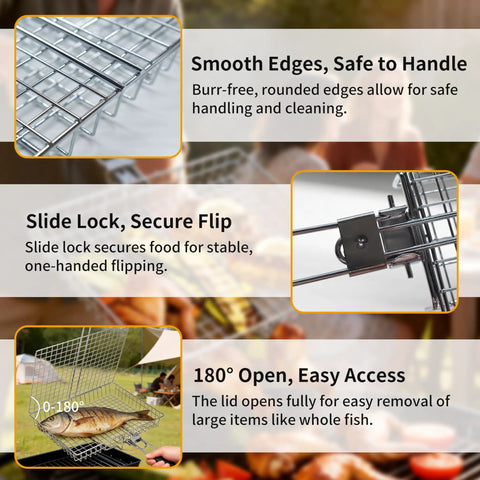 Square BBQ Fish Basket For Grilling Great For Camping Stainless Steel Rust Resistant Easy To Clean Stable Design Keeps Fish In Place