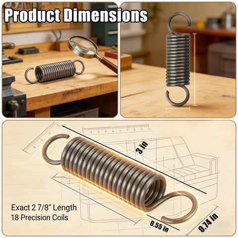 Heavy Duty Replacement Recliner Mechanism Tension Spring For Couch Furniture Restoration Parts showcasing dimensions, 2 7/8 inch length, 18 precision coils.
