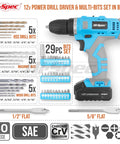 Your Go To Cordless Drill Set 50 Piece 12V Power Driver Kit With Rechargeable Battery displayed with drill bits and driver bits