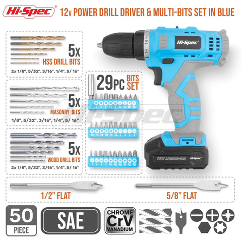 Your Go To Cordless Drill Set 50 Piece 12V Power Driver Kit With Rechargeable Battery displayed with drill bits and driver bits