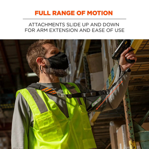 Sling Style Barcode Scanner Harness With Tethering Lanyard for Quick Access in use in warehouse environment