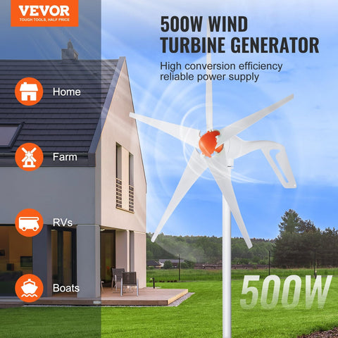 500W Wind Turbine Kit With MPPT Controller And 5 Blade Power Generator, 12V System installed near a home, starts at 2.5m/s