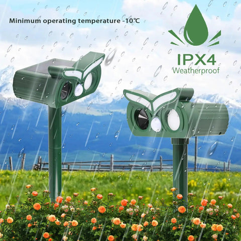 Solar Ultrasonic Outdoor Animal Deterrent Pack With Motion Sensor And Flash Light Keeps Deer Rabbits Squirrels Raccoons And Chipmunks Out Of Your Yard Humane Pest Repellent For Gardens And Lawns Keeps Pests At Bay. IPX4 weatherproof unit