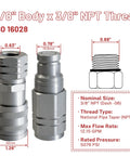 3/8 Inch Flat Face Hydraulic Quick Connect Coupler Set With 3/8 Inch NPT Thread ISO 16028 Standard And Dust Caps shown with dimensions