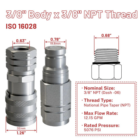 3/8 Inch Flat Face Hydraulic Quick Connect Coupler Set With 3/8 Inch NPT Thread ISO 16028 Standard And Dust Caps shown with dimensions