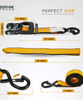 Heavy Duty Ratchet Straps 4 Pack Tie Downs For Cargo And Truck Bed, 4500 Break Strength, sizes highlighted, 1.5 Inch Wide By 8 Feet Long