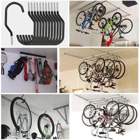 Heavy Duty Bike Storage Hooks 12 Pack wall and ceiling mounted for garage space saving, showing bikes hung on durable mounts