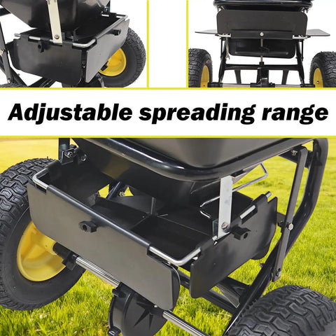 Pro Grade Walk Behind Broadcast Spreader For All Season Lawn Care And Commercial And Residential Use With 100Lb Hopper And 13 Inch All Terrain Pneumatic Tires Enclosed Gearbox Grate Cover Spreads Seed Fertilizer Salt And Snow Melt Across Large Areas, adjustable spreader range focus.