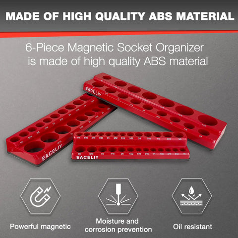 Must-Have 6-Piece Magnetic Socket Organizer Set For SAE And Metric Sockets Holds 141 Shallow And Deep One Half Inch One Quarter Inch And Three Eighth Inch Sockets With Two Adapters Attaches To Steel Box Or Tool Cart Durable ABS