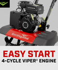 Versa 2-In-1 Tiller Cultivator with 99cc 4-Cycle Viper Engine, close-up of engine and red Earthquake branding.