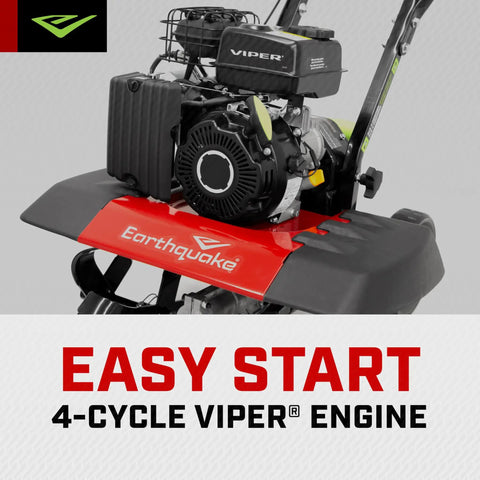 Versa 2-In-1 Tiller Cultivator with 99cc 4-Cycle Viper Engine, close-up of engine and red Earthquake branding.
