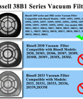 Comparison chart highlighting replacement filter set for Bissell 3 in 1 38B1 1059 series with four vacuum and foam filters.