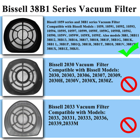 Comparison chart highlighting replacement filter set for Bissell 3 in 1 38B1 1059 series with four vacuum and foam filters.