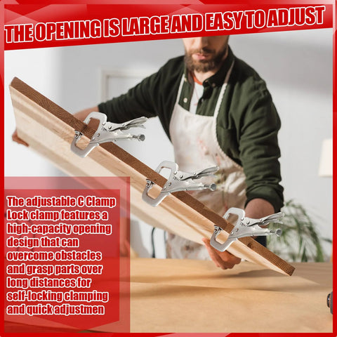 Three silver locking C-clamps gripping a wooden board; adjustable locking pliers with swivel pads for woodworking.