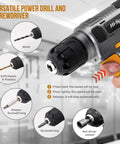 8V USB Rechargeable Cordless Drill Set And Home Tool Kit with drill bits shown for wood, metals, and plastics use